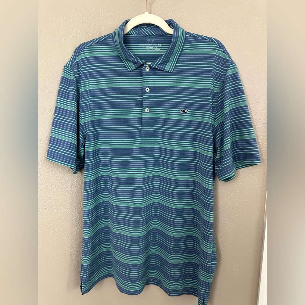 Vineyard Vines Teal and Navy Striped Polo